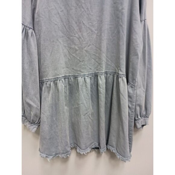 Fate Womens BOHO Shirt Small Blue Chambray Oversized Lantern Sleeve Button Up - Picture 10 of 11